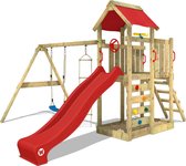 WICKEY speeltoestel klimtoestel MultiFlyer met schommel en rode glijbaan, outdoor kinderspeeltoestel met zandbak, ladder & speelaccessoires voor de tuin