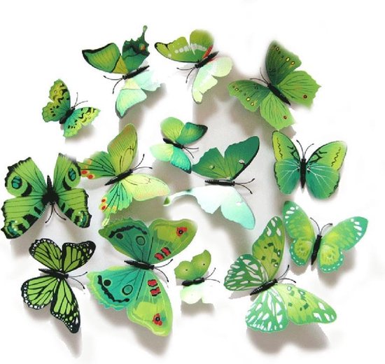 Ditto - 3D Vlinder Muursticker - Huis Decoratie - Groen - 12 stuks - 3D Butterfly Wall Sticker - Home Decoration - Green - 12 pieces