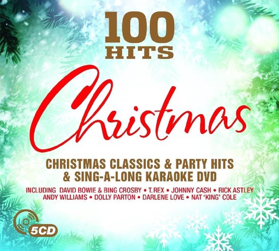 Cover van de 100 Hits Kerst compilatie, met kerstbomen en sneeuwvlokken. Tekst: '100 Hits Christmas Classics & Party Hits & Sing-A-Long Karaoke DVD'.