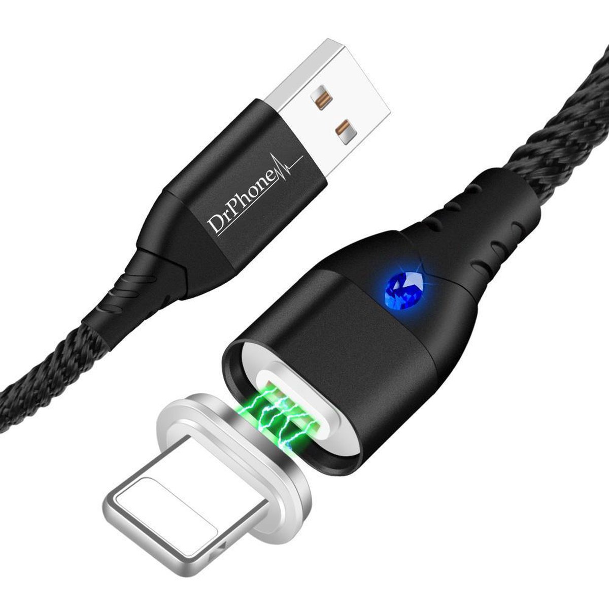 DrPhone FLM Magnetische Lightning Oplaad Kabel 3A + Data - Sterke Magneet - LED indicator - Geschikt voor iPhone/iPad etc - Nylon Gevlochten Kabel - 1M - Zwart