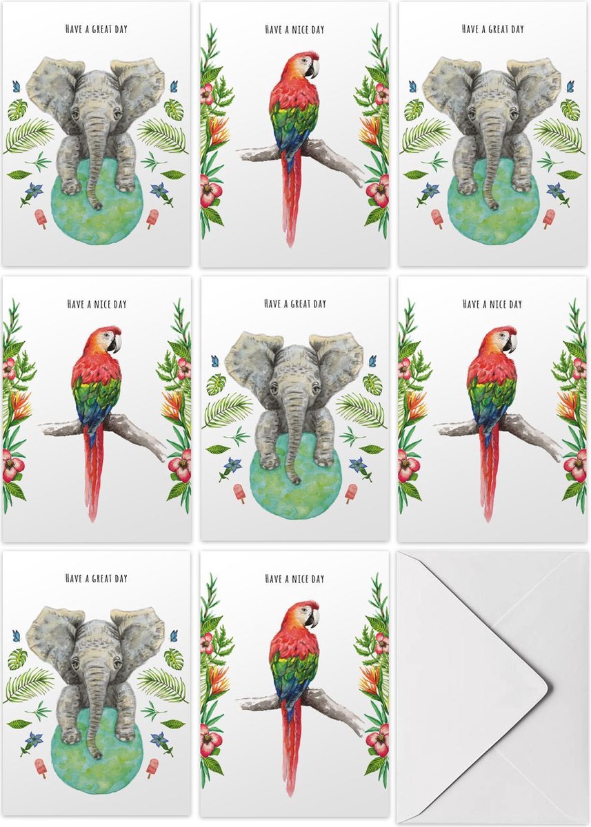 Kaartenset Have a nice day - 10 stuks - A6 - Wenskaarten met envelop - Bedankkaart - Liefdeskaart - Papegaai - Olifant - Tropische decoraties - Schilderingen in aquarel door Mies to Go