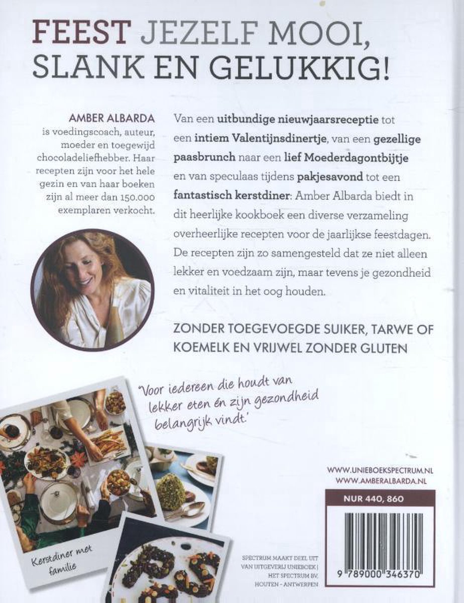 Boekomslag met recepten voor feestdagen. Amber Albarda staat in cirkel. Verschillende foto's van feestelijk gedekte tafels en gerechten.