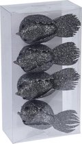 4x Kersthangers op clip glitter vogel donkergrijs 17 cm - Kerstboom decoratie - Donkergrijze kerstversieringen