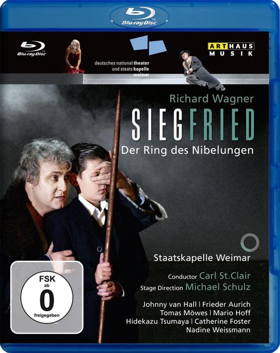 Blu-ray hoes voor Siegfried van Richard Wagner met een man die een jongeman begeleidt, met de tekst 'Siegfried', 'Richard Wagner' en 'Staatskapelle Weimar'.