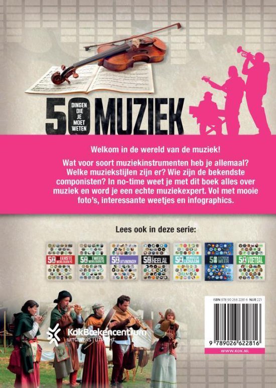 Boekomslag '50 dingen die je moet weten: Muziek' met viool en partituur, silhouetten van muzikanten en informatieve tekst.