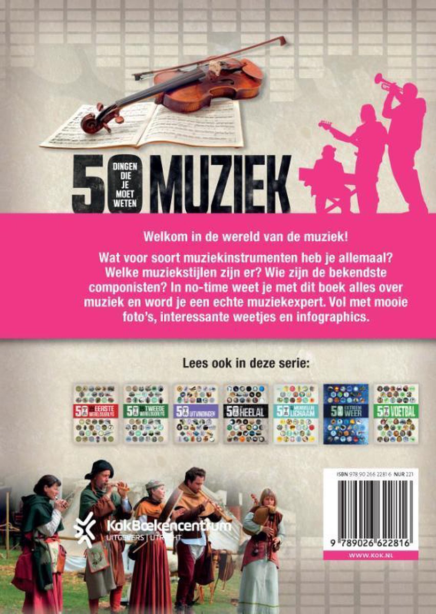Boekomslag '50 dingen die je moet weten: Muziek' met viool en partituur, silhouetten van muzikanten en informatieve tekst.