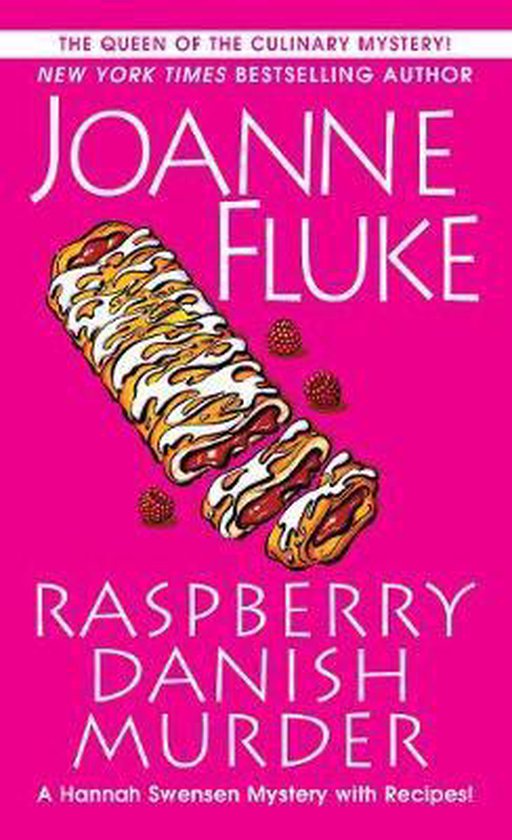 Couverture de livre titrée 'Raspberry Danish Murder' avec une image d'une pâtisserie danoise aux framboises et au glaçage.