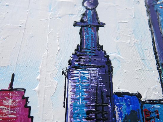 Acrylverf schilderij - Skyline Den Haag Blauw - 140 x 70 - handgeschilderd door Xander van Oosten