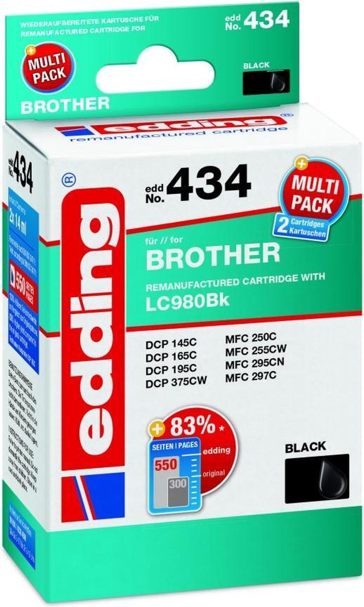 Edding Inktcartridge vervangt Brother LC-980BK Compatibel 2-pack Zwart, Zwart EDD-434 18-434