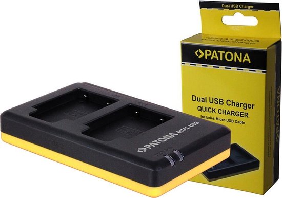 Dubbele PATONA USB-snellader met gele rand, met twee sleuven voor batterijen. De verpakking met logo is geel en zwart.