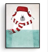 Postercity - Design Canvas Poster IJsbeer met Sjaal en Muts / Kinderkamer / Dieren Poster / Babykamer - Kinderposter / Babyshower Cadeau / Muurdecoratie / Winter / 40 x 30cm / A3