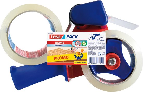 Twee rollen transparante pakkingstape en een rode en blauwe tape dispenser. Tekst op verpakking: 'tesa PACK STRONG TRANSPARENT PROMO'.