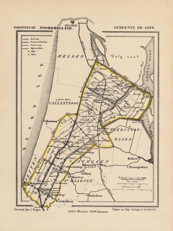 Foto: Historische kaart plattegrond van gemeente de zijpe in noord holland uit 1867 door kuyper van kaartcadeau com