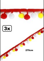 3x Pom pom band rood/wit/geel 275cm