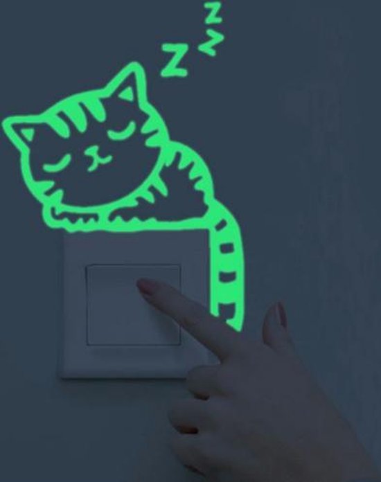 Glow In The Dark Sleepy Cute Cat / slapende kat / poes kinderkamer decoratie lichtknop nachtlampje muur sticker