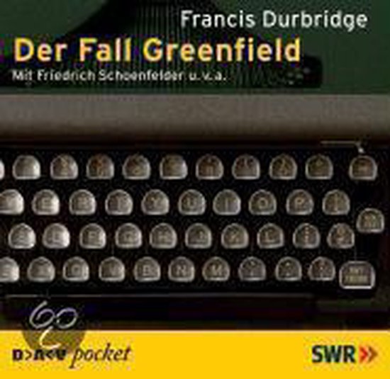 Audioboekhoes 'Der Fall Greenfield' van Francis Durbridge met een vintage typemachine op de voorgrond.