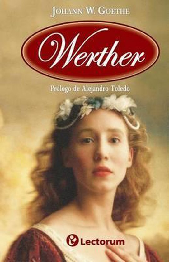 Boekcover van 'Werther' met een portret van een jonge vrouw met een bloemenkrans en parels.