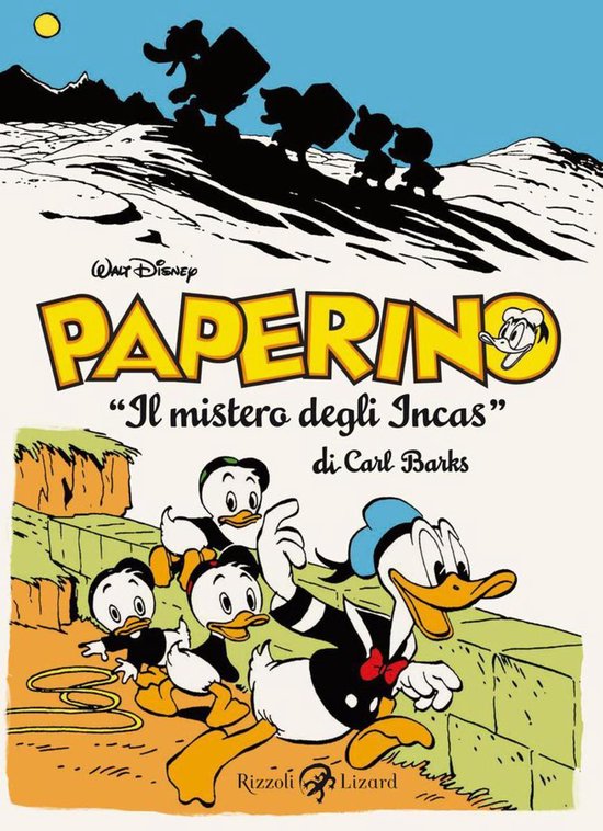 Boekomslag van Paperino "Il mistero degli Incas" met Donald Duck en zijn neefjes op een avontuurlijke reis, getekend in de stijl van Carl Barks.