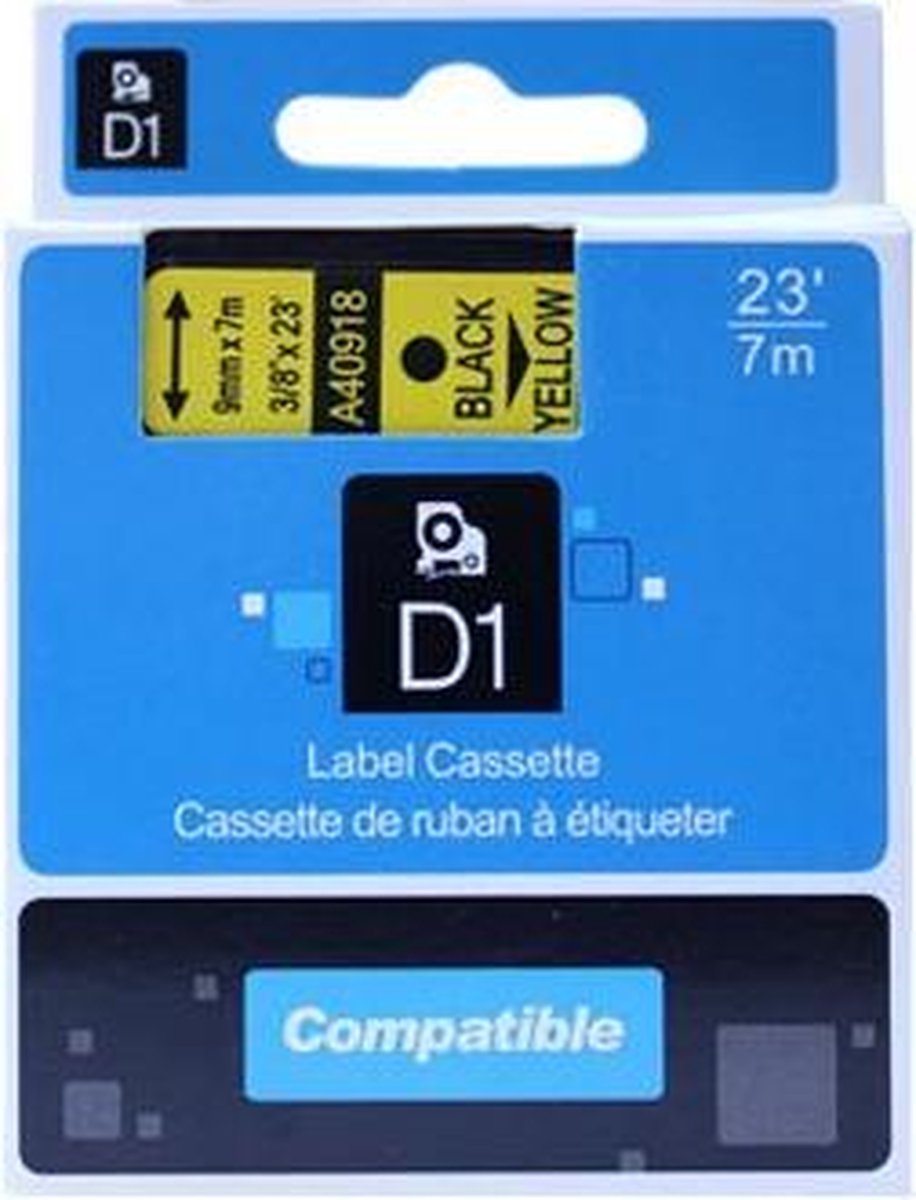 Dymo D1 40918 compatible tape 9mm. zwart op geel PrintVoordeelshop huismerk