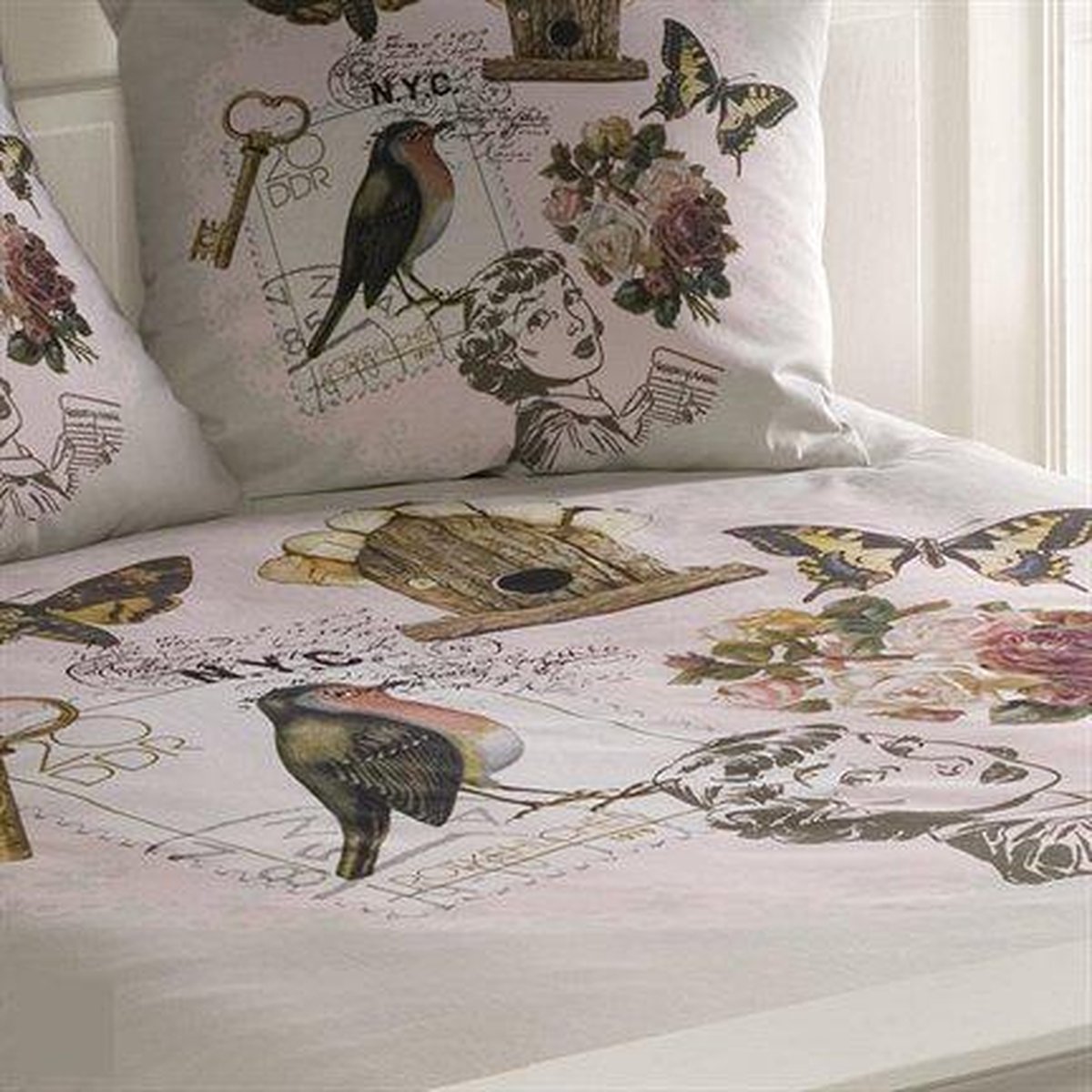 Papillon Vintage Dekbedovertrek - Eenpersoons - 140x200/220 cm - Wit