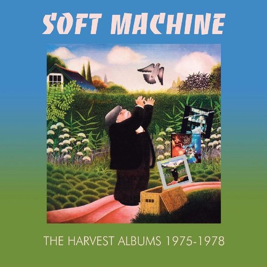 Albumhoes met de tekst 'SOFT MACHINE' en 'THE HARVEST ALBUMS 1975-1978'. Een man kijkt naar een duif die opvliegt.