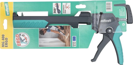 Wolfcraft kitspuit MG 400 ERGO in verpakking, met "Ergo" en "Made in EU" logo's.