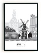 Skyline Poster Haarlem Zwart-Wit in Kunststof Fotolijst