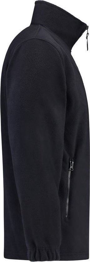 Zijaanzicht van een donkerblauwe Tricorp fleece trui met ritskraag, ritszak en opstaande kraag.