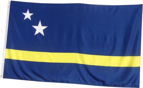 Blauwe vlag met gele baan en twee witte sterren.