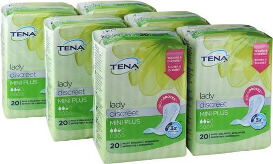 TENA Lady Discreet Mini Plus inlegkruisjes, 6 verpakkingen van 20 stuks. Groen met bloemenpatroon.
