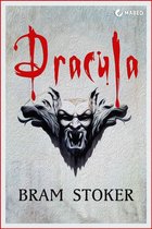 Boekomslag van Dracula door Bram Stoker met een angstaanjagend, hoektandig gezicht op een gestructureerde grijze achtergrond.