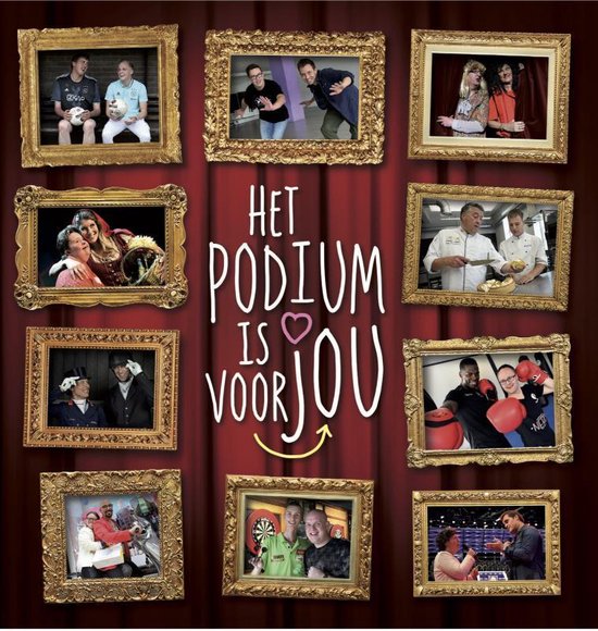 Collage van negen ingelijste foto's rondom de tekst 'HET PODIUM IS VOOR JOU'. Verschillende mensen in diverse settings.
