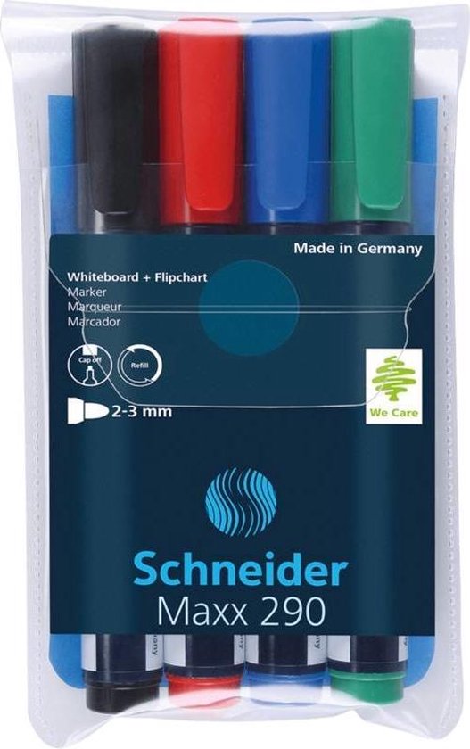Emballage de 4 marqueurs Schneider Maxx 290: noir, rouge, bleu, vert. Fabriqué en Allemagne.