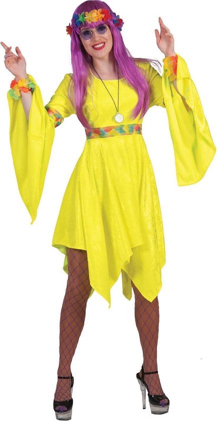 Fluo geel hippie jurk voor vrouwen - Verkleedkleding - Maat S