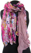 Dames sjaal met bloemen - gekreukt viscose - oud roze - magenta - roze - turquoise- geel -groen - crème -110 x 180 cm