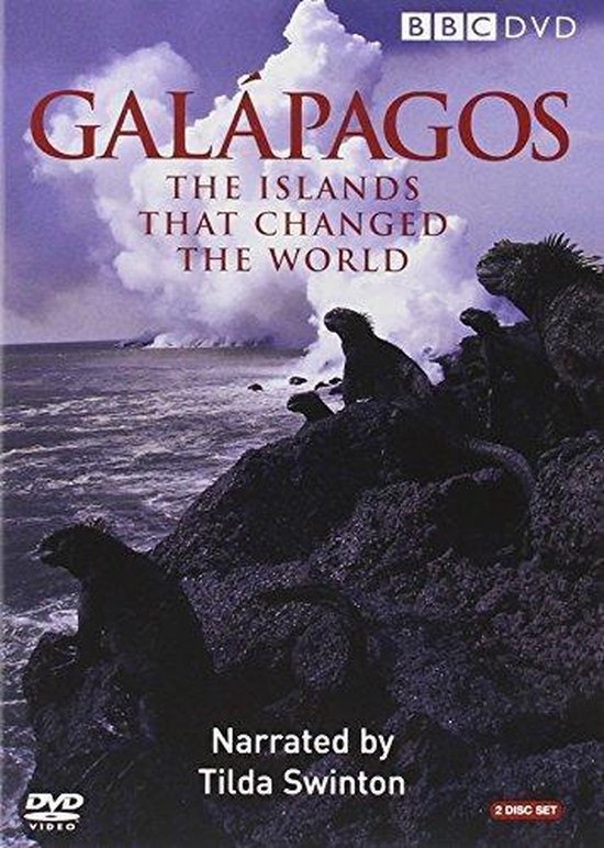DVD hoes van Galapagos: The Islands That Changed the World, met een foto van zwarte leguanen op rotsen bij de zee, en de tekst 'Galapagos The Islands That Changed the World' en 'Narrated by Tilda Swinton'.