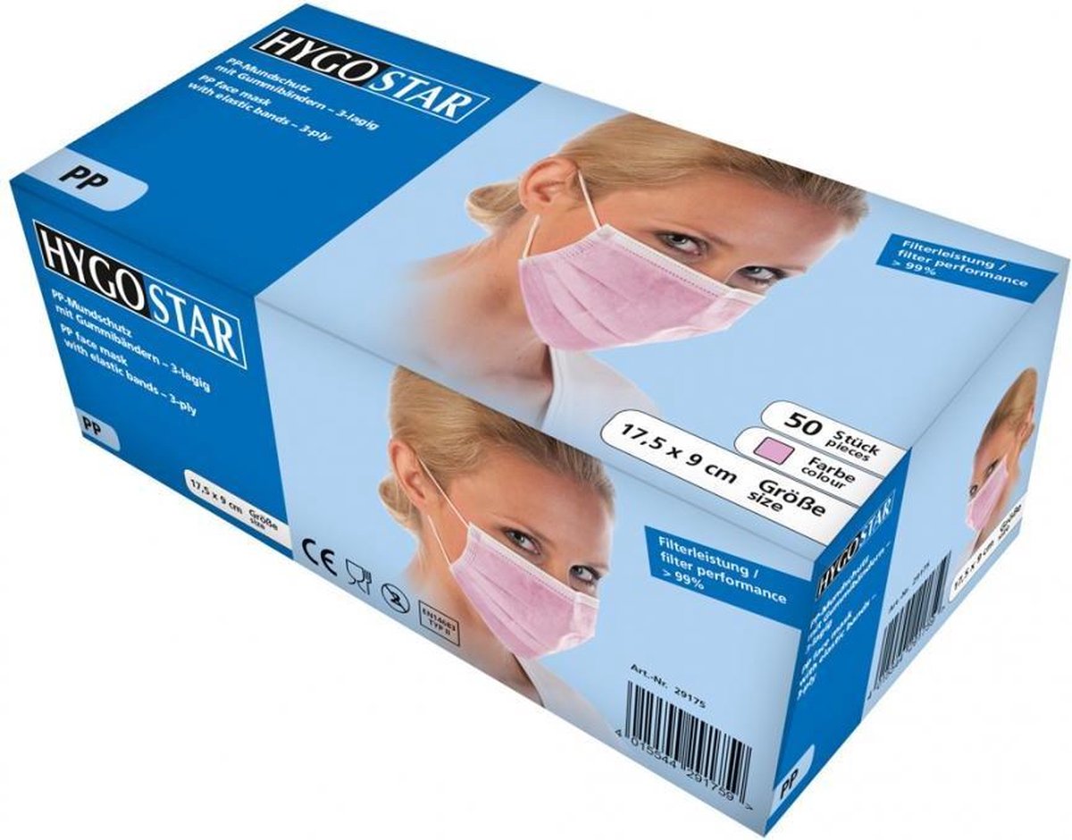 Hygostar mondmasker medisch 3-laags roze 50 stuks met oorelastiek