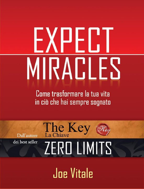 Boek "Expect Miracles" van Joe Vitale, met rode achtergrond en gouden accenten.