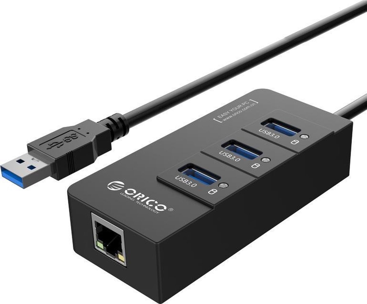 Orico USB 3.0 Hub 3x USB poorten en Gigabit Ethernet - Zwart