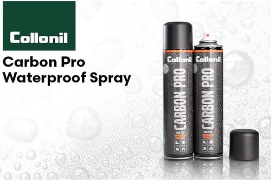 Twee spuitbussen Collonil Carbon Pro naast elkaar. Links de tekst 'Collonil Carbon Pro Waterproof Spray'.