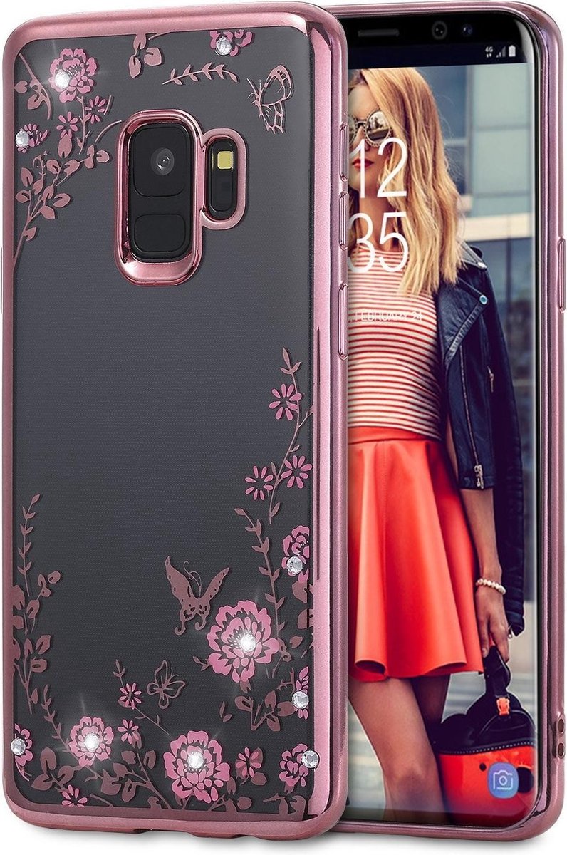 DrPhone Flower Bloemen Case Diamant Crystal TPU Hoesje - Geschikt voor Samsung S9 - Rosegold