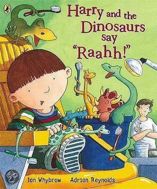 Boekomslag: Harry en de dinosaurussen zeggen 'Raahh!' met een jongen en dinosaurussen die tandenpoetsen.