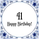 Verjaardag Tegeltje met Spreuk (41 jaar: Happy birthday! 41! + cadeau verpakking & plakhanger