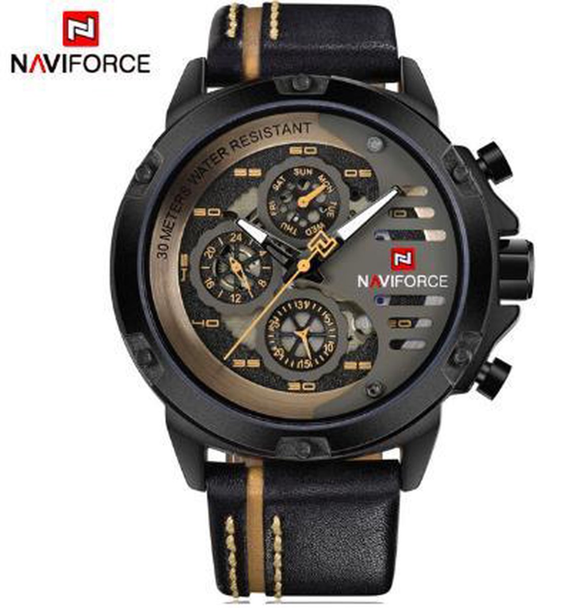 Hidzo Horloge Naviforce ø 47 mm - Zwart/Geel - Inclusief horlogedoosje