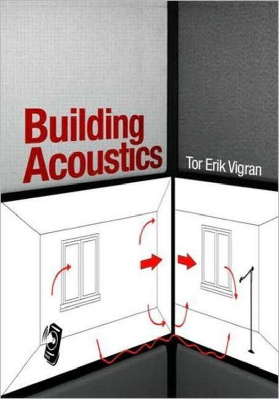 Boekomslag Building Acoustics door Tor Erik Vigran met een schematische tekening van geluidsgolven tussen twee kamers.