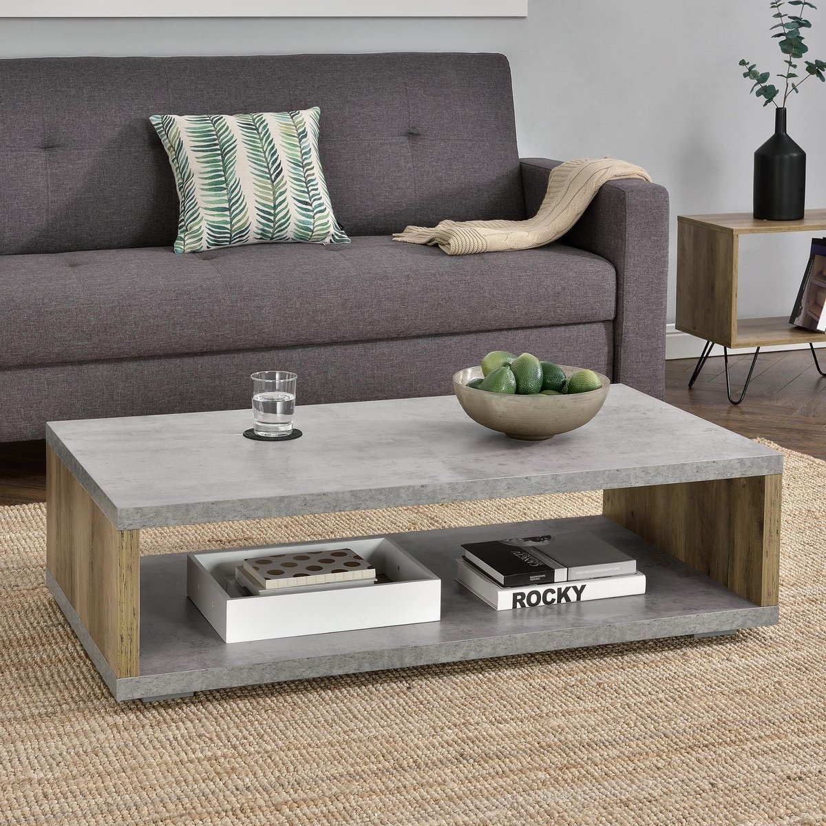 Moderne salontafel Bolton 110x60x30 cm betonlook en hout - en.casa