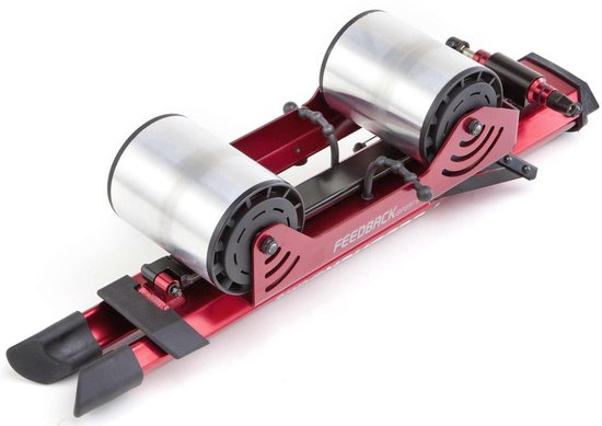 Feedback Sports Omnium fietstrainer in rood met twee metalen rollen.