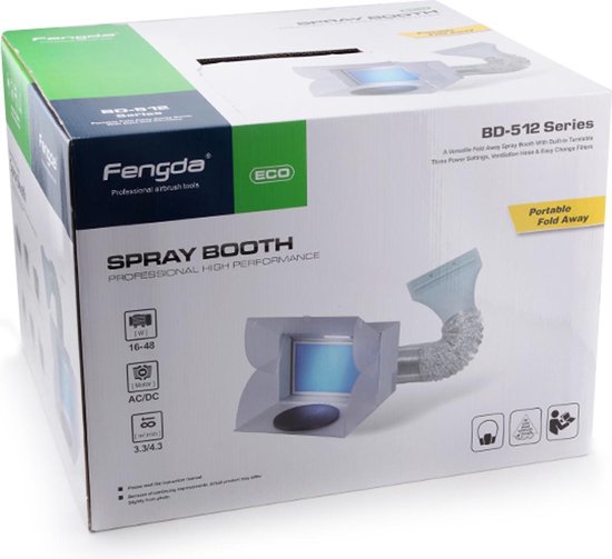 Doos van Fengda spuitcabine, 'Portable Fold Away' met afbeelding van cabine.