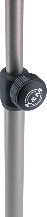 Zwarte draaiknop met K&M logo op een metalen standaard.