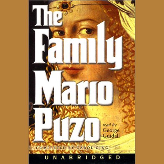 Couverture du livre 'The Family' de Mario Puzo, avec le portrait d'une femme de la Renaissance.